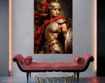 Puede incluir: Una impresión en lienzo enmarcada representa a una guerrera con armadura dorada, una capa roja y un casco con penacho rojo. La obra de arte se exhibe sobre un chaise longue rojo y una mesa de centro con marco dorado, creando un tema clásico.