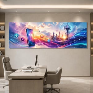 Könnte beinhalten: Ein rechteckiger Wandkunstdruck mit einer digitalen Illustration eines Smartphones, eines Telekommunikationsturms und einer Skyline vor einem farbenfrohen Sonnenuntergangshimmel. Das Bild enthält leuchtende Symbole für Konnektivität.