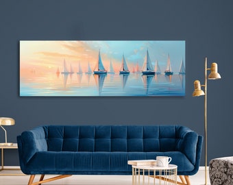 Sailing Boats on the Sunset Oil Painting on Canvas| Seaview on blue and peach colors Poster| Ocean sail View Artwork for Living Room|