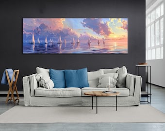 Ocean View Artwork, Sailing Boats Sunset Oil Painting on Canvas, Seaview, Sailboats Painting, Print Sailing, Wall Art Yacht at Sea,  regatta
