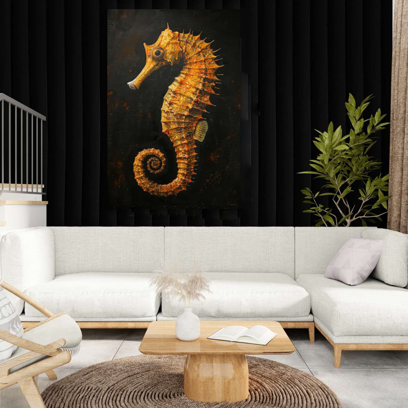 タツノオトシゴ。海をテーマにした壁アート。海の生き物のキャンバス