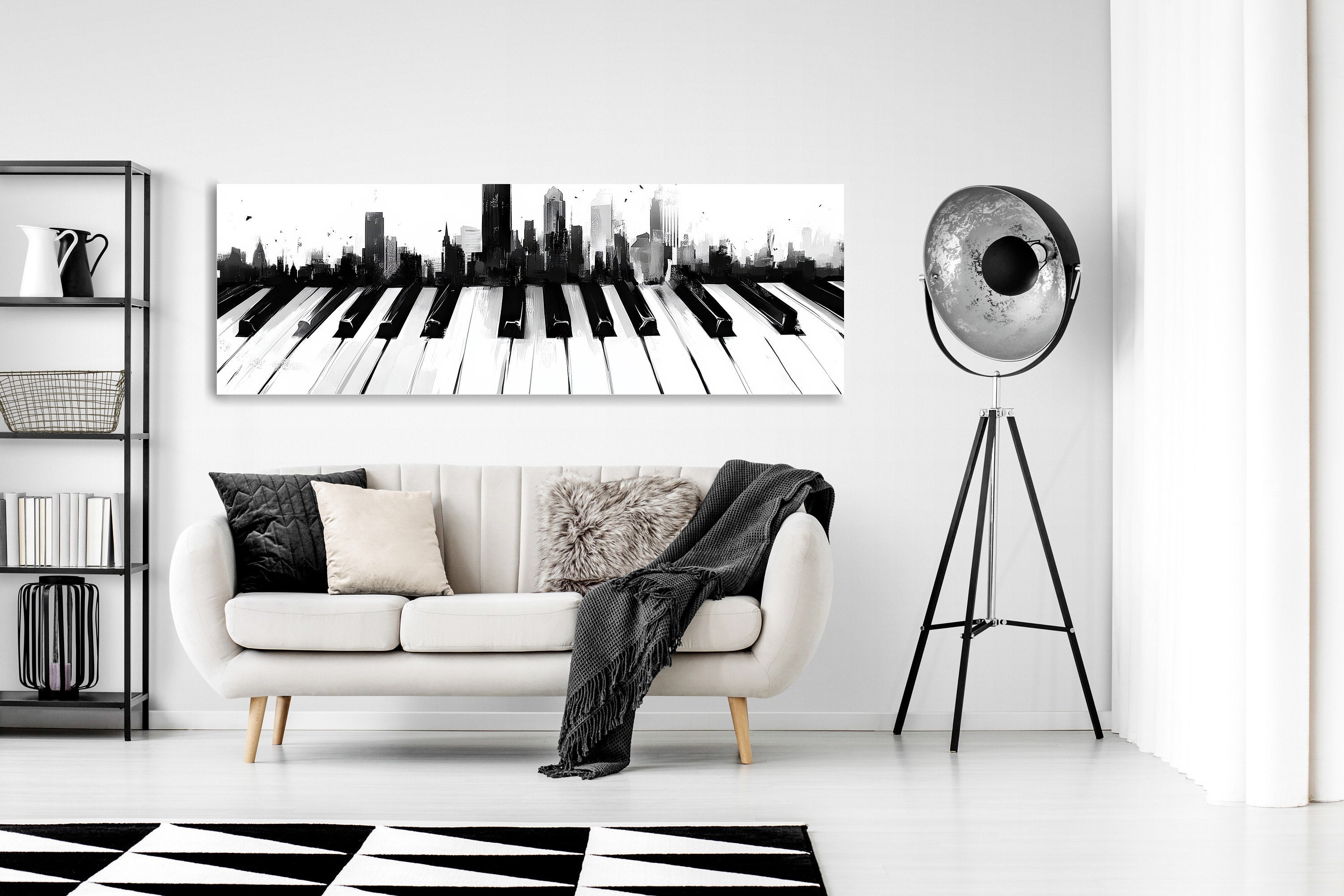 Black and white picture with piano keys that transforms in to a city with skyscrapers,canvas print. City view, wall art. musical instrument