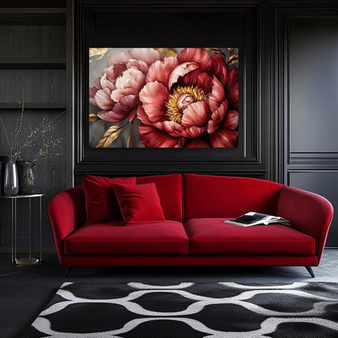 Luxurious Peony, Canvas Print. Close up Red Flowers With Gold Decor ...