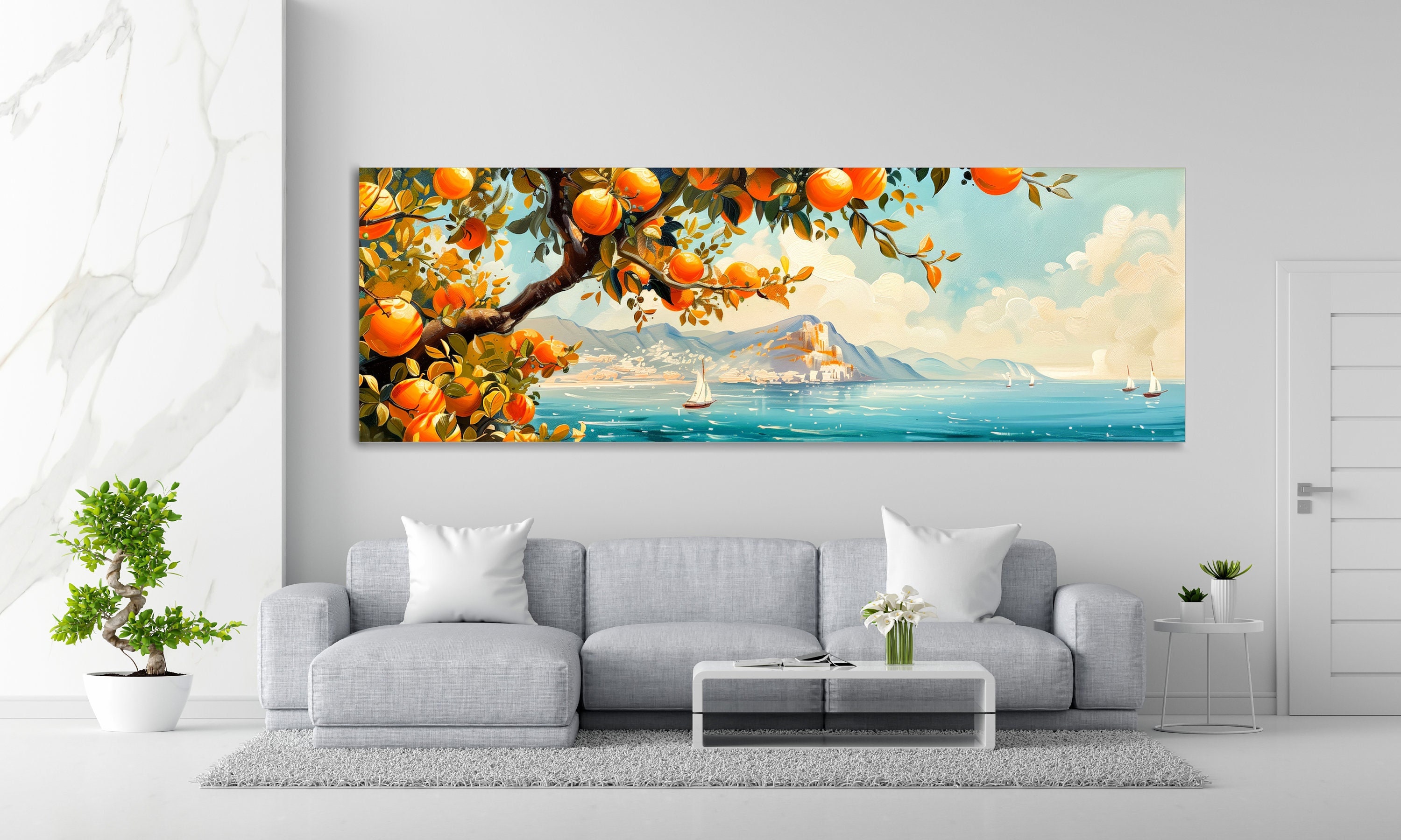 Mediterranean landscape with citrus garden canvas print. Greek orange tree by sea wall decor. Farmhouse wall decor. Seascape with sailboats