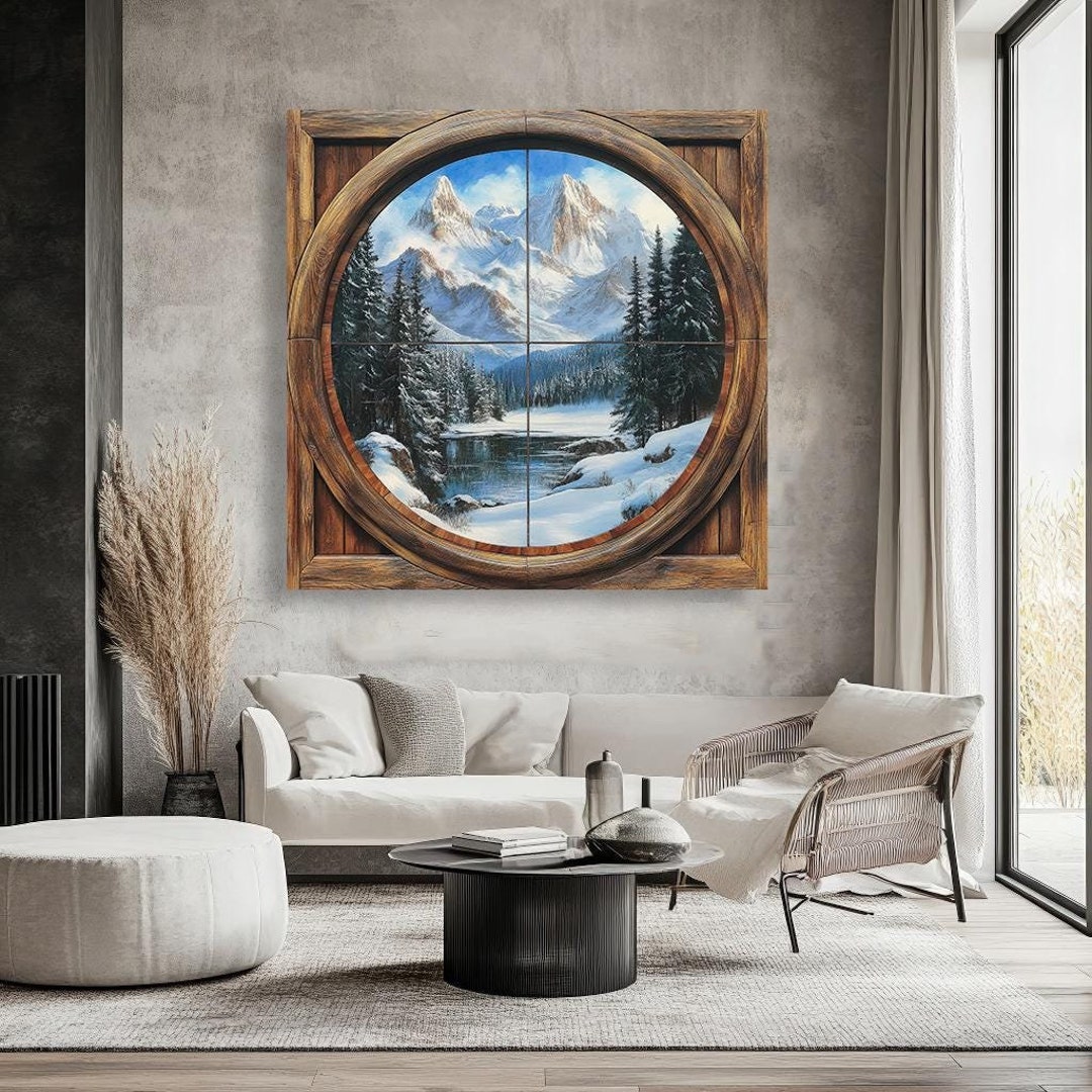 Round Window With Winter Landscape, Canvas Print. Scenic Snowy Forest ...