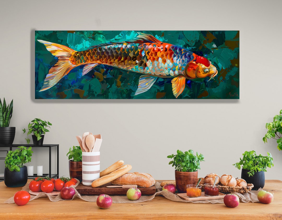 Large Canvas Painting of Big Fish, Wall Art Modern Design Colorful Carp Scales, Print Fishing