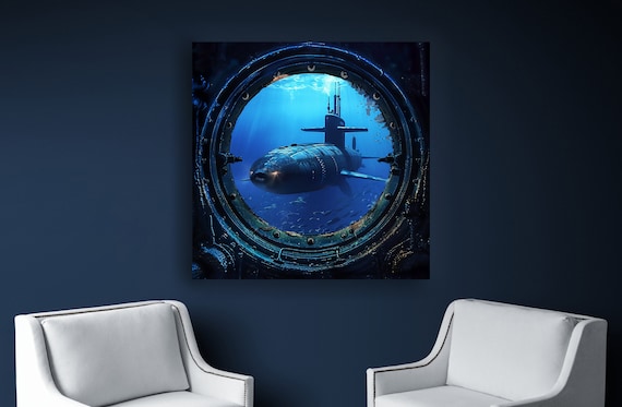 舷窓、窓から見える海中潜水艦の風景。キャンバスプリント。潜水艦を