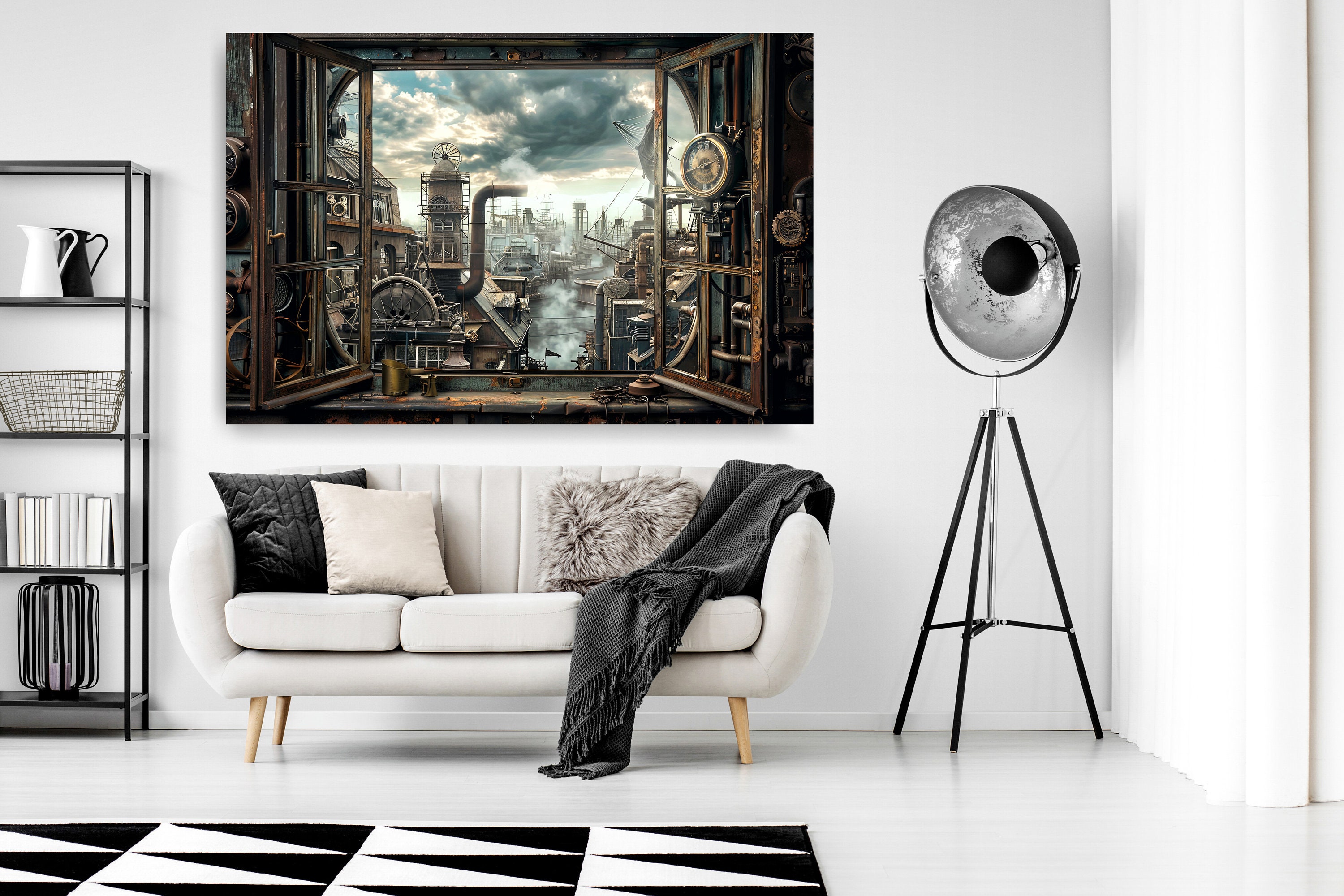 Artificial Window View, Industrial City in Steam Punk Style. Industrial ...