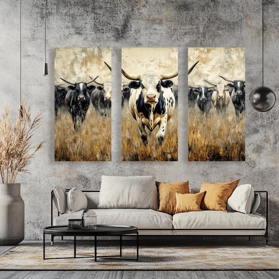 Herd of Cows, Cattle, Black White Spotted Cow With Long Horns