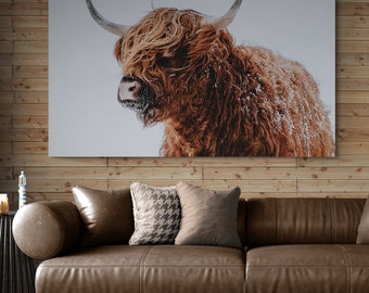 Large wall canvas Scottish Highland Cow, poster ginger Cattle, Animal, Home Decor Mammal, Winter Bull, Portrait Longhorn Farm Animal print