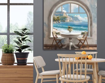Fenêtre ouverte cintrée au-dessus d'une table blanche, impression sur toile avec vue panoramique sur la mer, café du matin, art mural paysage marin, impression, peinture à l'huile, prêt à accrocher