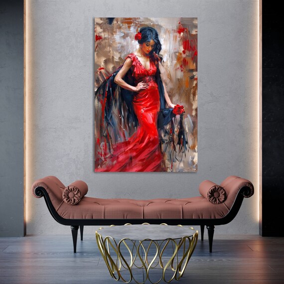 フラメンコダンサーの油絵。髪に赤いバラを飾ったスペイン人女性、表情