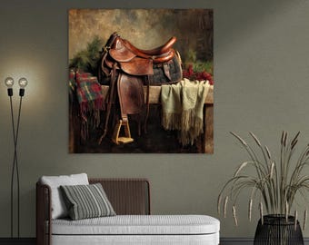 Western Saddle Still Life Canvas Print | Rustic Cowboy Decor | Country Wall Art