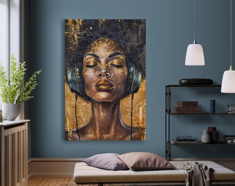 Afro american woman listening to music canvas wall art| Black Girl with big Headphones canvas print| gift for music lovers| music wall art|