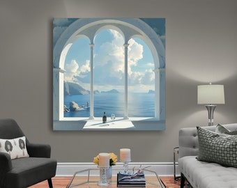 Toile cintrée fenêtre ouverte au-dessus d'une table blanche, représentant un peintre marin, impression sur toile avec vue panoramique sur la mer, café du matin avec oeuvre d'art murale paysage marin,