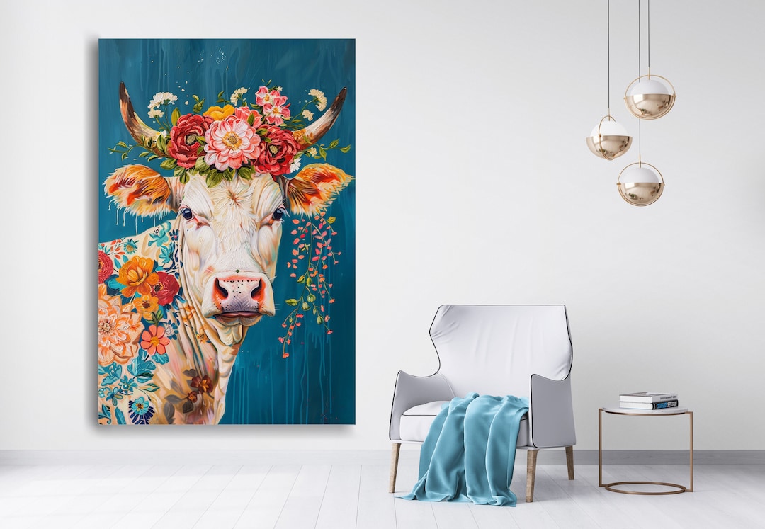 Colorful Cow Canvas Print, Floral Cow Wall Decor, Painting Art, Print ...