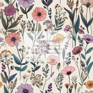 Puede incluir: Un patrón digital sin costuras con una variedad de flores y follaje en tonos de rosa, morado y verde sobre un fondo crema. El patrón es de 14x14 pulgadas y 300 DPI. El texto "ART FUL DIGY" está en el centro de la imagen.