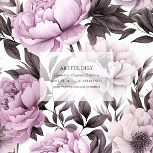 Puede incluir: Un patrón digital sin costuras que presenta delicadas peonías rosas y blancas con hojas gris oscuro sobre un fondo blanco. El texto "ART FUL DIGY Seamless Digital Pattern 300 DPI  14x14 INCH with commercial use included" se muestra en un cuadro blanco.