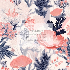 Puede incluir: Un patrón digital sin costuras que presenta coral, algas marinas y flores en tonos de rosa, azul y blanco. El patrón mide 14x14 pulgadas y 300 DPI.  "ART FUL DIGY" está escrito en el centro de la imagen.