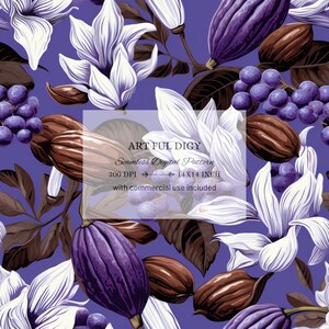 Seamless digital pattern featuring cacao, white flowers, and purple fruits in vibrant tones. Perfect for textiles, paper and creative design