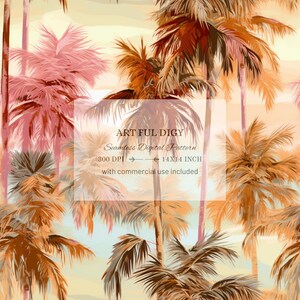 Puede incluir: Un patrón digital sin costuras que presenta un diseño de palmeras tropicales. El patrón está en tonos de rosa, naranja y marrón, y se coloca sobre un fondo amarillo claro. El texto "ART FUL DIGY Seamless Digital Pattern 300 DPI 14X14 INCH with commercial use included" se muestra en un rectángulo blanco.