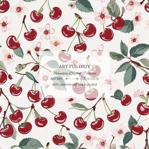 Puede incluir: Un patrón digital sin costuras con cerezas rojas y flores rosas sobre un fondo blanco. El patrón es de 14x14 pulgadas y 300 DPI. El texto "ART FUL DIGY" está incluido en la imagen.