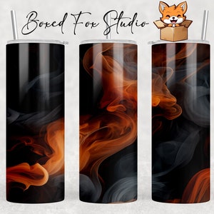 May include: Three stainless steel tumblers with a black and orange abstract smoke design. The tumblers have a straw and a lid.