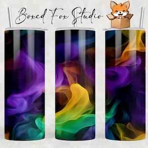 May include: Three stainless steel tumblers with a colorful abstract design featuring swirls of purple, yellow, and green. The design resembles smoke or flowing fabric.