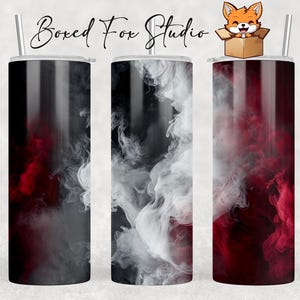 Peut inclure: Trois gobelets en acier inoxydable avec un motif abstrait noir et rouge. Le motif présente des motifs tourbillonnants ressemblant à de la fumée dans des nuances de rouge et de blanc.