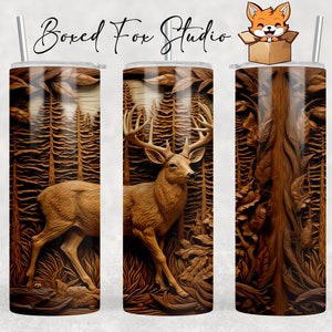 3D Deer Wood Relief Carving, 20oz Skinny Tumbler Wrap Sublimation Design, Instant PNG Digital Download
