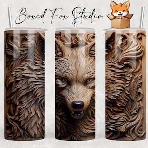 3D Wolf Wood Relief Carving, 20oz Skinny Tumbler Wrap Sublimation Design, Instant PNG Digital Download