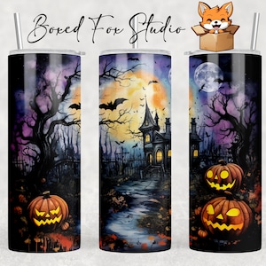 Spooky Graveyard House with Jack O Lanterns, 20oz Skinny Tumbler Wrap Sublimation Design Template, Halloween Theme, PNG Digital Download