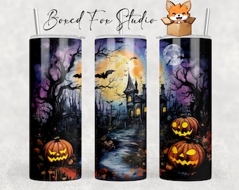 Spooky Graveyard House Tumbler Wrap, Jack O Lanterns (PNG Digital Download)