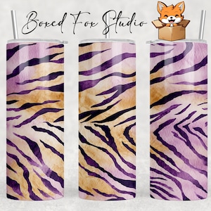 Paarse en gouden aquarel tijgerstrepen ontwerp 20oz magere beker wrap naadloze sublimatiesjabloon, digitale png-download