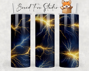 Lightning Bolt Tumbler Wrap, Blue and Gold Design (PNG Digital Download)