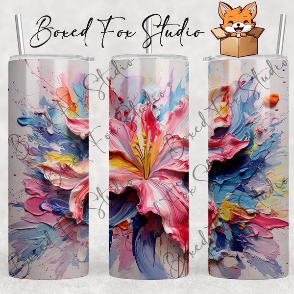 Colorful 3D Flower Acrylic Painting Style, 20oz Skinny Tumbler Wrap Sublimation Design Template, PNG Digital Download