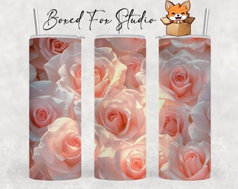 Blush Pink Roses Design 20oz Skinny Tumbler Wrap Seamless Sublimation Template, PNG Digital Download