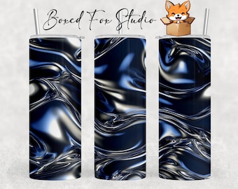 Blue Silver Liquid Metal Tumbler Wrap, Seamless Sublimation (PNG Digital Download)