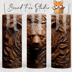 3D Bear Wood Relief Carving, 20oz Skinny Tumbler Wrap Sublimation Design, Instant PNG Digital Download
