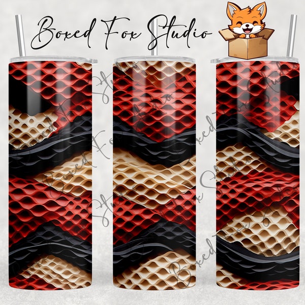 Red, Tan & Black 3D Diamondback Snakeskin Design 20oz Skinny Tumbler Wrap Seamless Sublimation Template Paper Quilling PNG Digital Download