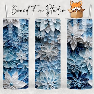 3D Blue & White Flowers Tumbler Wrap, 20oz Skinny Tumbler Seamless Sublimation Design, Paper Quilling Pattern, Instant PNG Digital Download