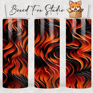 May include: Three stainless steel tumblers with a black and orange abstract flame design. The tumblers are all the same size and have a straw.