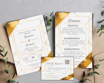 Gold wedding invitation template set | gold frame wedding invite suite | printable elegant invite, details & rsvp bundle | editable download