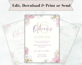 Elegante invitación floral de 16 años para niñas: plantilla imprimible en rosa y dorado.