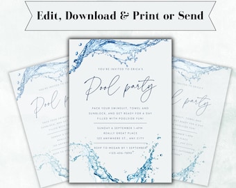 Invitación editable a fiesta en la piscina, cumpleaños de verano, descarga instantánea de plantilla digital