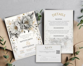 Floral Wedding Invitation Template Set | Printable Invitation | Elegant invite, details & rsvp set | Edit with TEMPLETT | Instant Download