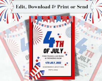 Invitación editable del 4 de julio, fiesta de fuegos artificiales y música, invitación personalizable para el evento del 4 de julio, descarga instantánea, imprimible