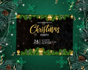 Invitación de tarjeta navideña minimalista, tarjeta de fiesta de Navidad imprimible en verde y oro, tarjeta navideña editable, descarga instantánea