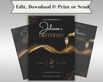 Plantilla de invitación de cumpleaños / Descarga de invitación de cumpleaños moderna / Invitación digital para fiesta de cumpleaños en negro y dorado / Plantilla de invitación editable
