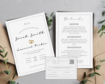 Conjunto de plantillas de invitación de boda minimalista / Invitación imprimible / Invitación de moda, detalles y conjunto de rsvp / Editar con TEMPLETT / Descarga instantánea